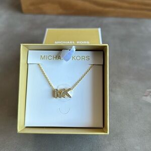 MICHAEL KORS - GOLD MK LOGO PAVE PENDANT NECKLACE NIB